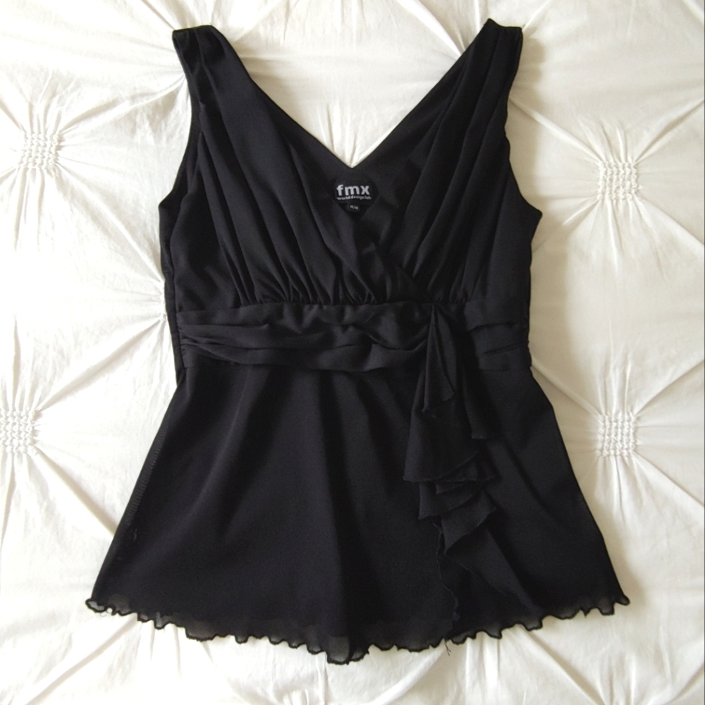 FMX World Design Y2k black micro mesh babydoll crossover top. Size M
